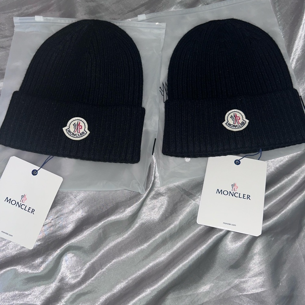 Moncler Black Knit Hat with Logo